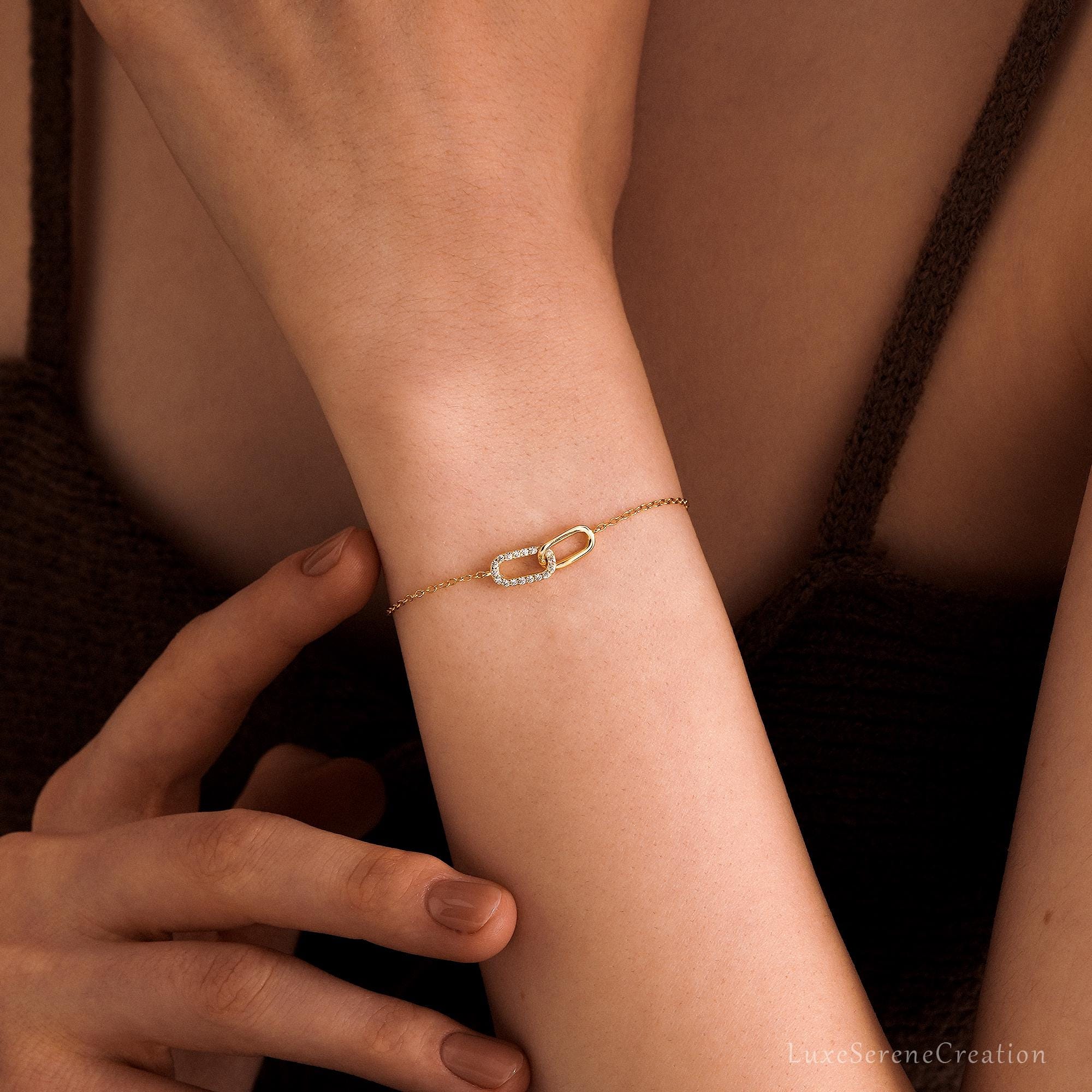 14k Gold Pave Paperclip Chain Bracelet Minimalist Cross 14k Gold Pave Paperclip Chain Bracelet Minimalist Cross